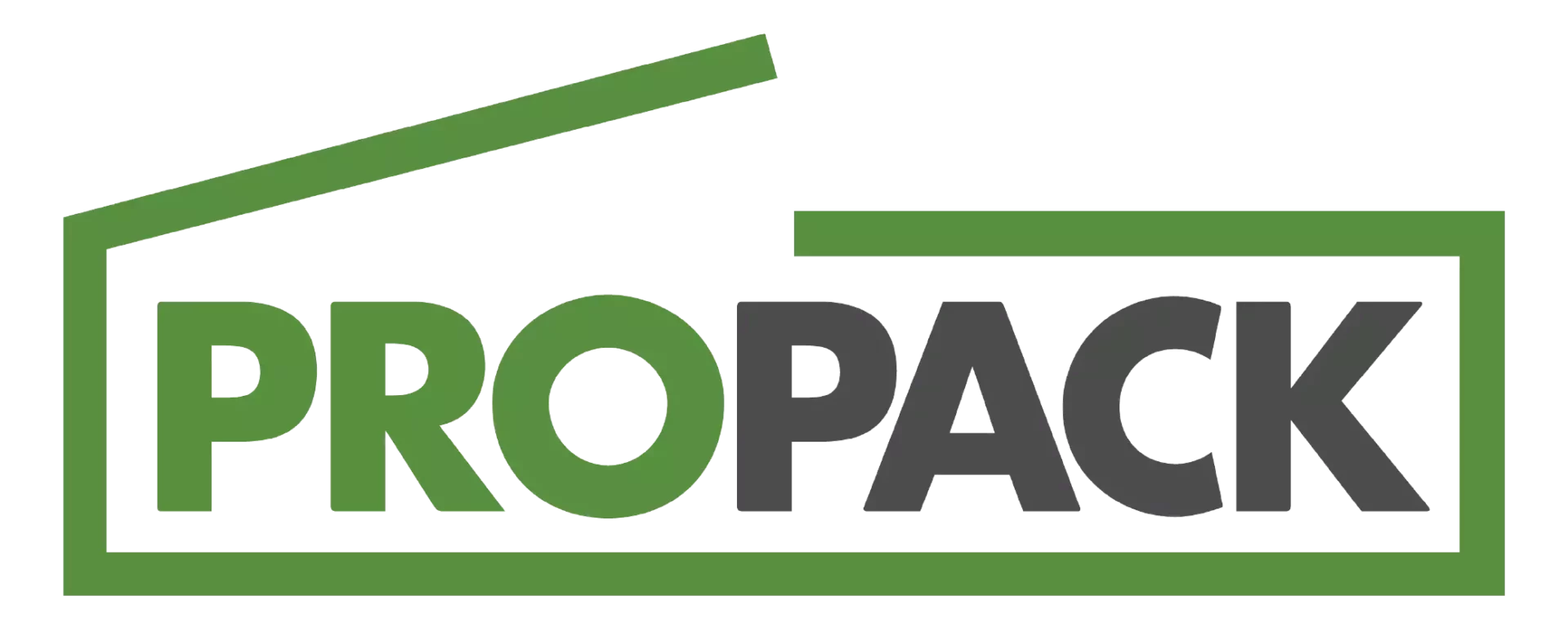 A logo for ProPack with green and grey lettering, an open shipping box surrounds the letters.